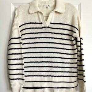 ALEX MILL Jacques Ivory Stripe Polo V-Neck Cotton Sweater Size S